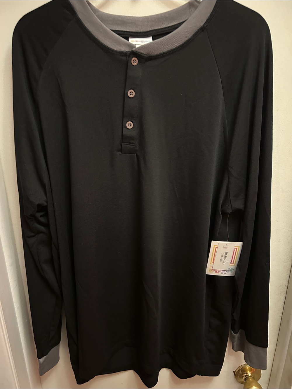 LuLaRoe Men's Black Long-Sleeve Henley with Gray Trim